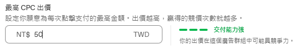 ChatGPT Ads 最高 CPC 出價設定為 NT$50,顯示交付能力強之綠色提示 ChatGPT Ads 最高 CPC 出價設定為 NT$50,顯示交付能力強之綠色提示